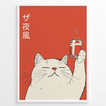 Load image into Gallery viewer, Retro Japanese-style poster of a smiling white cat raising a glass of drink against a red background with Japanese text, framed as cute modern wall art.
