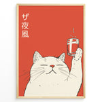 Load image into Gallery viewer, Retro Japanese-style poster of a smiling white cat raising a glass of drink against a red background with Japanese text, framed as cute modern wall art.
