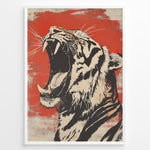 Load image into Gallery viewer, Plakater | Stylized illustration of a roaring tiger with an open mouth, black and cream colors on a textured red background, framed in black.
