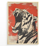 Load image into Gallery viewer, Plakater | Stylized illustration of a roaring tiger with an open mouth, black and cream colors on a textured red background, framed in black.
