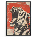 Load image into Gallery viewer, Plakater | Stylized illustration of a roaring tiger with an open mouth, black and cream colors on a textured red background, framed in black.
