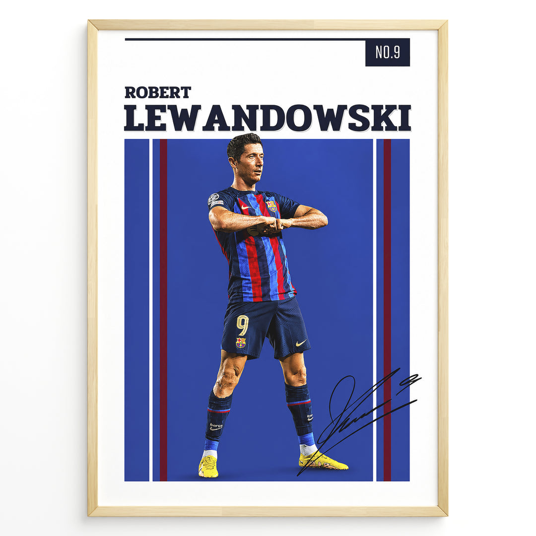 Robert Lewandowski plakat i FC Barcelona-trøje med moderne grafisk design og signatur