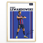 Load image into Gallery viewer, Robert Lewandowski plakat i FC Barcelona-trøje med moderne grafisk design og signatur
