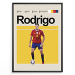 Load image into Gallery viewer, Rodrigo fodbold plakat | Spanien landsholdstrøje i rød og blå med boldkontrol og fokus – perfekt til fans af herrefodbold og La Roja
