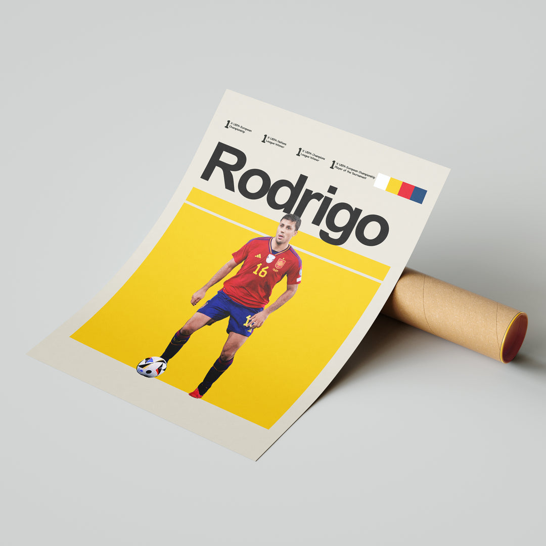 Rodrigo fodbold plakat | Spanien landsholdstrøje i rød og blå med boldkontrol og fokus – perfekt til fans af herrefodbold og La Roja