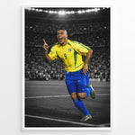 Load image into Gallery viewer, Ronaldo Nazário wearing the iconic yellow Brazil football jersey with number 9 while celebrating on the pitch. The black and white stadium background highlights the Brazilian colors.

