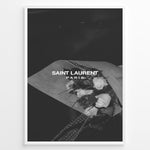 Load image into Gallery viewer, Fashion Plakat | Saint Laurent Paris – Monochrome Elegance Poster Plakaty.dk | Black and white Saint Laurent Paris poster featuring a bouquet of white roses wrapped in paper.
