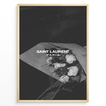 Load image into Gallery viewer, Fashion Plakat | Saint Laurent Paris – Monochrome Elegance Poster Plakaty.dk | Black and white Saint Laurent Paris poster featuring a bouquet of white roses wrapped in paper.

