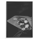 Load image into Gallery viewer, Fashion Plakat | Saint Laurent Paris – Monochrome Elegance Poster Plakaty.dk | Black and white Saint Laurent Paris poster featuring a bouquet of white roses wrapped in paper.

