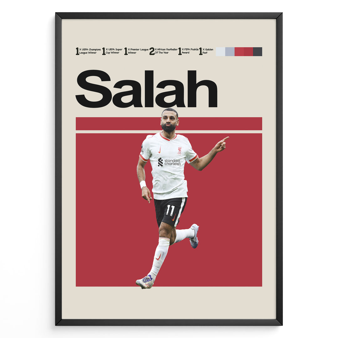 Mohamed Salah fodbold plakat | Liverpool FC udebanetrøje i hvid og sort med karakteristisk målfejring – perfekt til fans af The Reds og Salah
