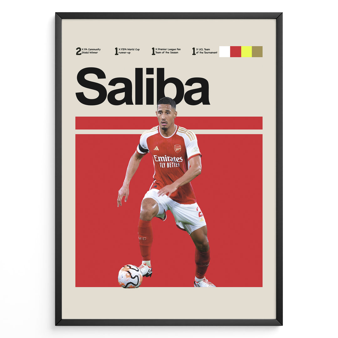 William Saliba fodbold plakat | Arsenal FC-spiller i rød-hvid hjemmebanetrøje, stilfuldt og moderne plakatdesign.