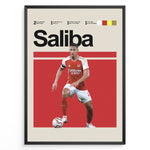 Load image into Gallery viewer, William Saliba fodbold plakat | Arsenal FC-spiller i rød-hvid hjemmebanetrøje, stilfuldt og moderne plakatdesign.
