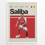 Load image into Gallery viewer, William Saliba fodbold plakat | Arsenal FC-spiller i rød-hvid hjemmebanetrøje, stilfuldt og moderne plakatdesign.
