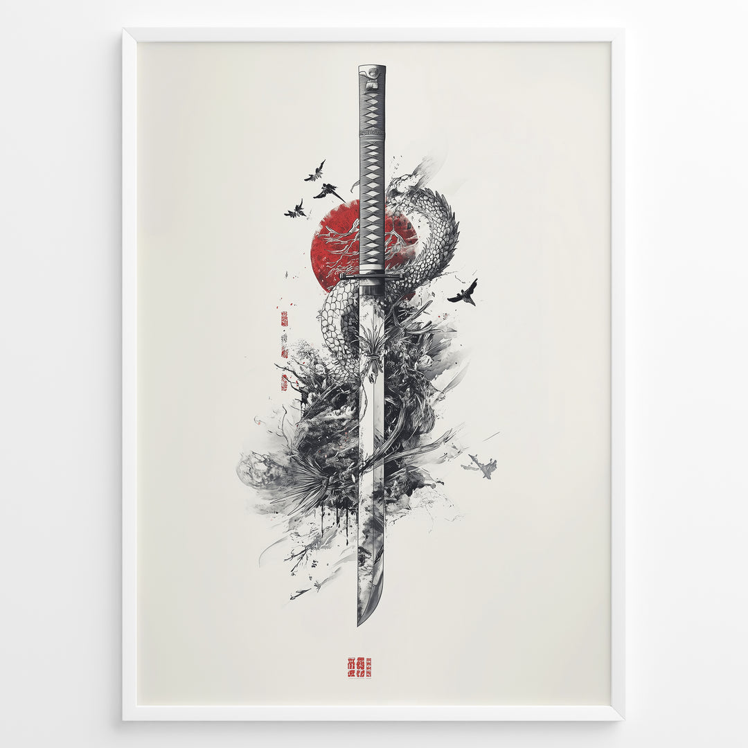 Japanske plakater | Japanese ink-style artwork of a katana sword entwined with a dragon, set against a red sun with birds flying around, in a minimalist and dramatic composition.