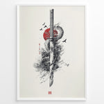 Load image into Gallery viewer, Japanske plakater | Japanese ink-style artwork of a katana sword entwined with a dragon, set against a red sun with birds flying around, in a minimalist and dramatic composition.
