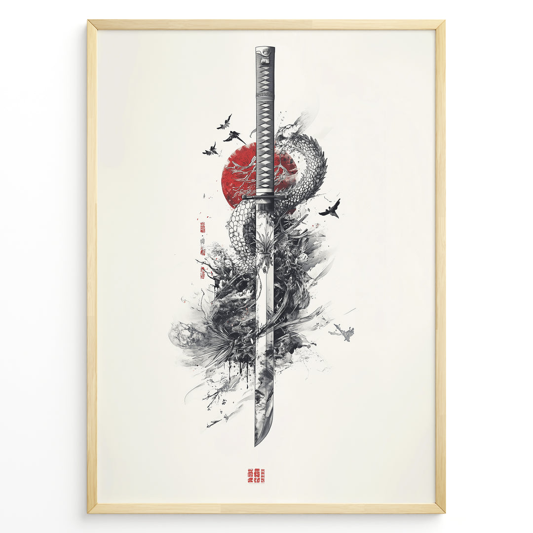 Japanske plakater | Japanese ink-style artwork of a katana sword entwined with a dragon, set against a red sun with birds flying around, in a minimalist and dramatic composition.