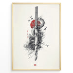 Load image into Gallery viewer, Japanske plakater | Japanese ink-style artwork of a katana sword entwined with a dragon, set against a red sun with birds flying around, in a minimalist and dramatic composition.
