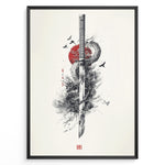 Load image into Gallery viewer, Japanske plakater | Japanese ink-style artwork of a katana sword entwined with a dragon, set against a red sun with birds flying around, in a minimalist and dramatic composition.
