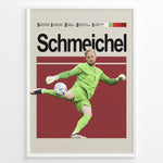 Load image into Gallery viewer, Kasper Schmeichel fodbold plakat i grøn Danmark målmandstrøje med spark til bolden og stilrent rødt baggrundsdesign.
