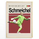 Load image into Gallery viewer, Kasper Schmeichel fodbold plakat i grøn Danmark målmandstrøje med spark til bolden og stilrent rødt baggrundsdesign.
