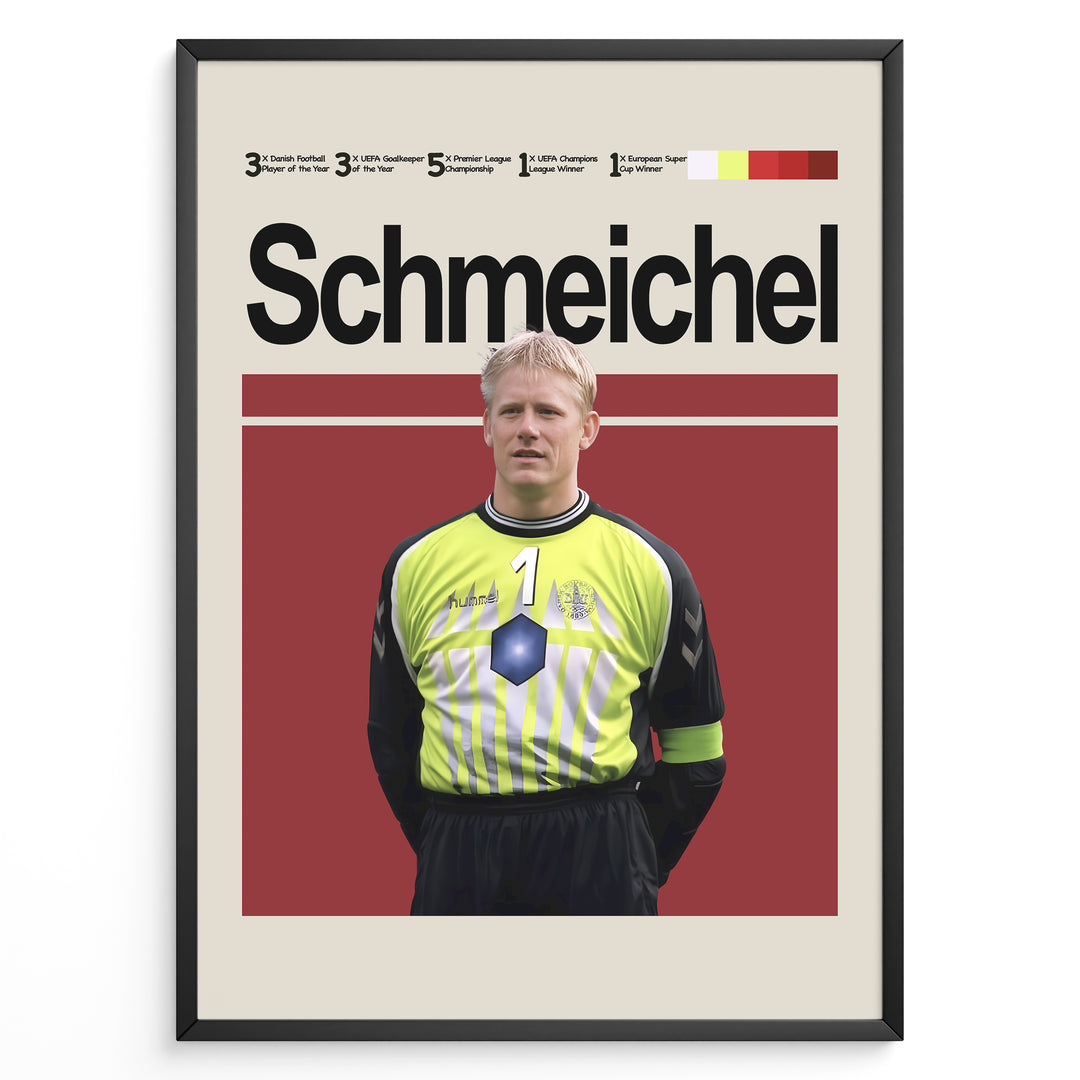 Peter Schmeichel fodbold plakat i klassisk grøn målmandstrøje fra Danmark landshold med stilrent rødt baggrundsdesign.