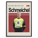 Load image into Gallery viewer, Peter Schmeichel fodbold plakat i klassisk grøn målmandstrøje fra Danmark landshold med stilrent rødt baggrundsdesign.
