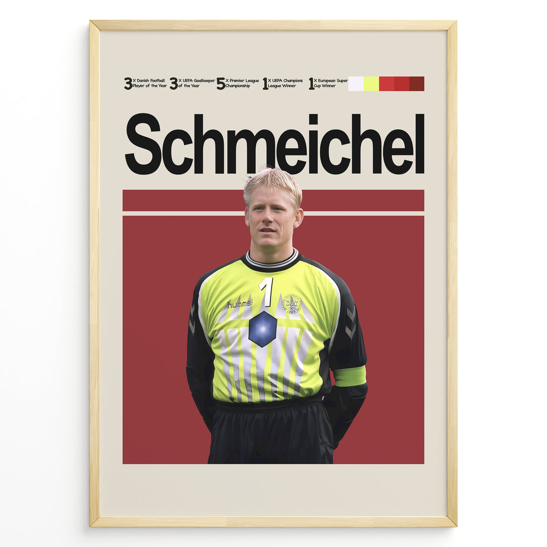 Peter Schmeichel fodbold plakat i klassisk grøn målmandstrøje fra Danmark landshold med stilrent rødt baggrundsdesign.