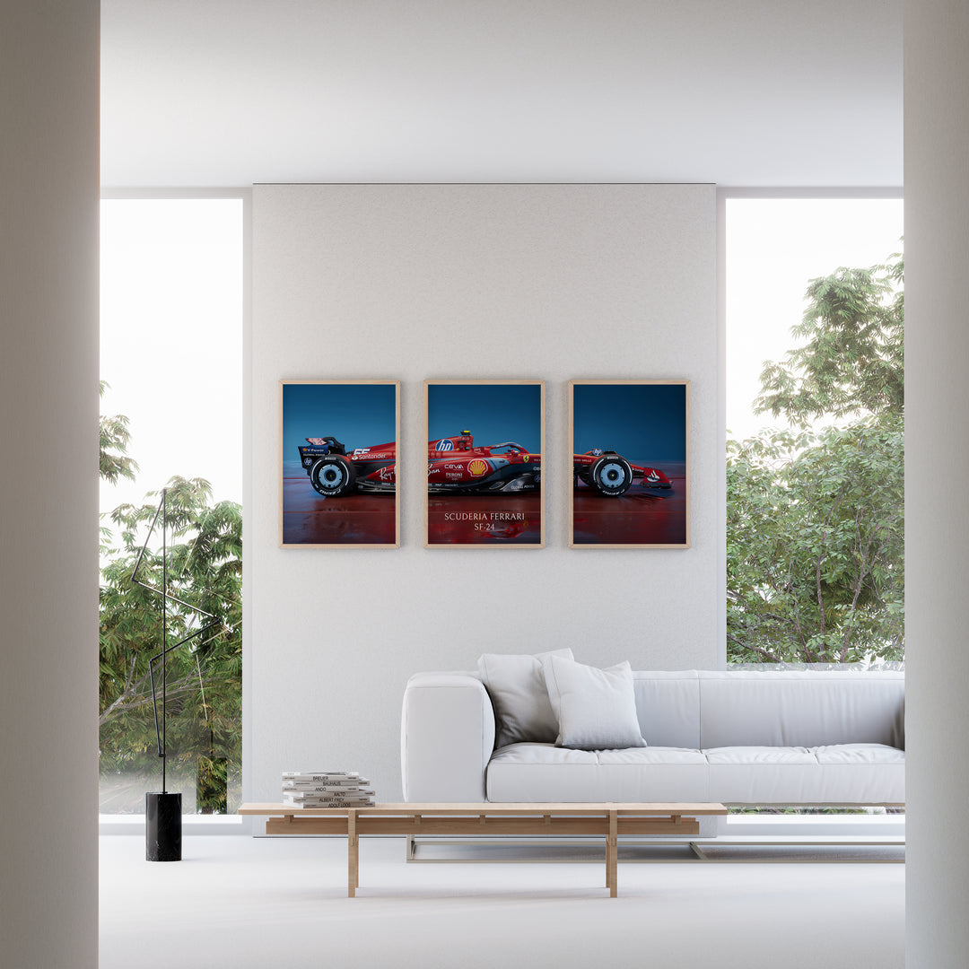 Scuderia Ferrari SF-24 Formula 1 car three-panel framed wall art plakat.