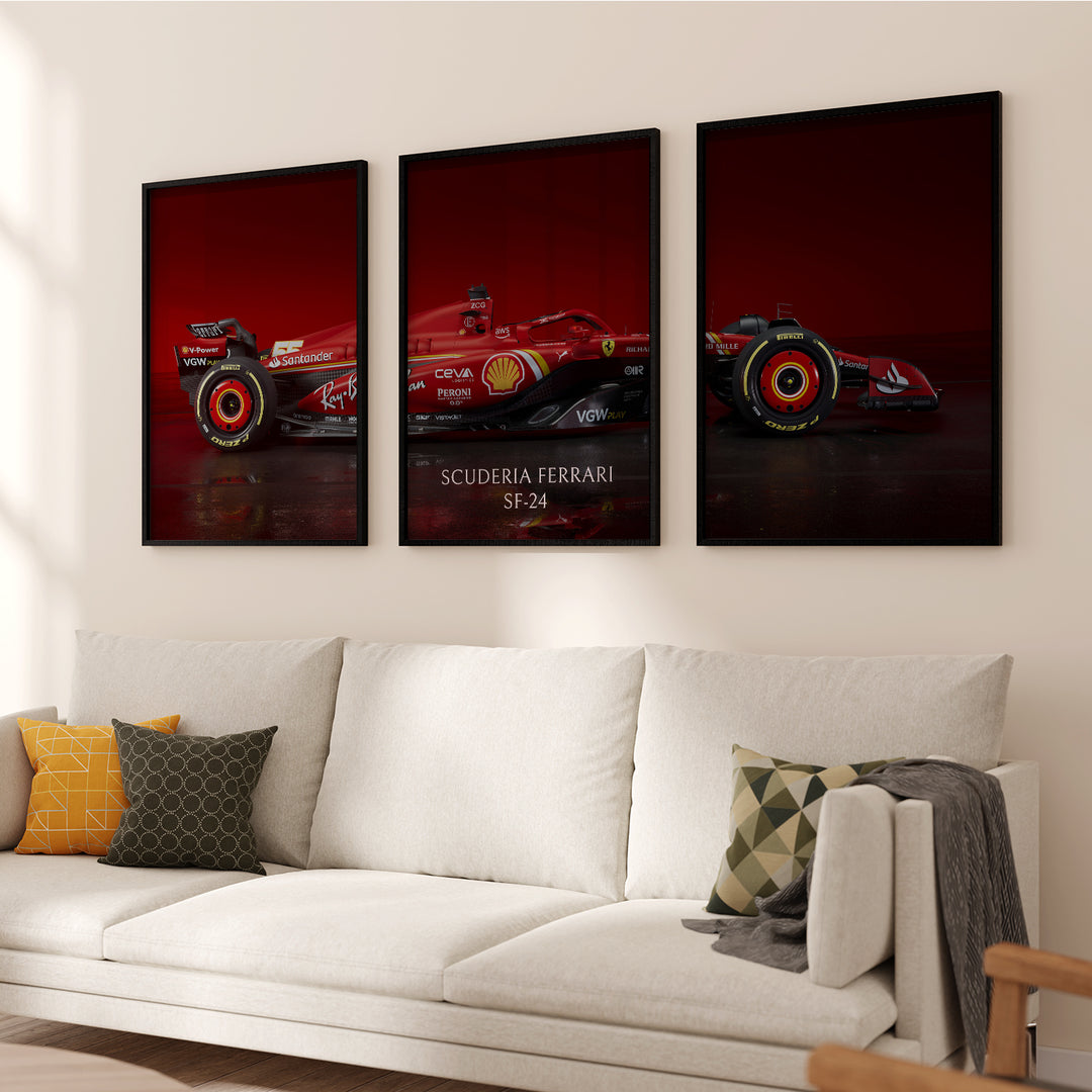 Triptych wall art plakat featuring the Scuderia Ferrari SF-24 Formula 1 car in a modern black-and-white living room with leather furniture.