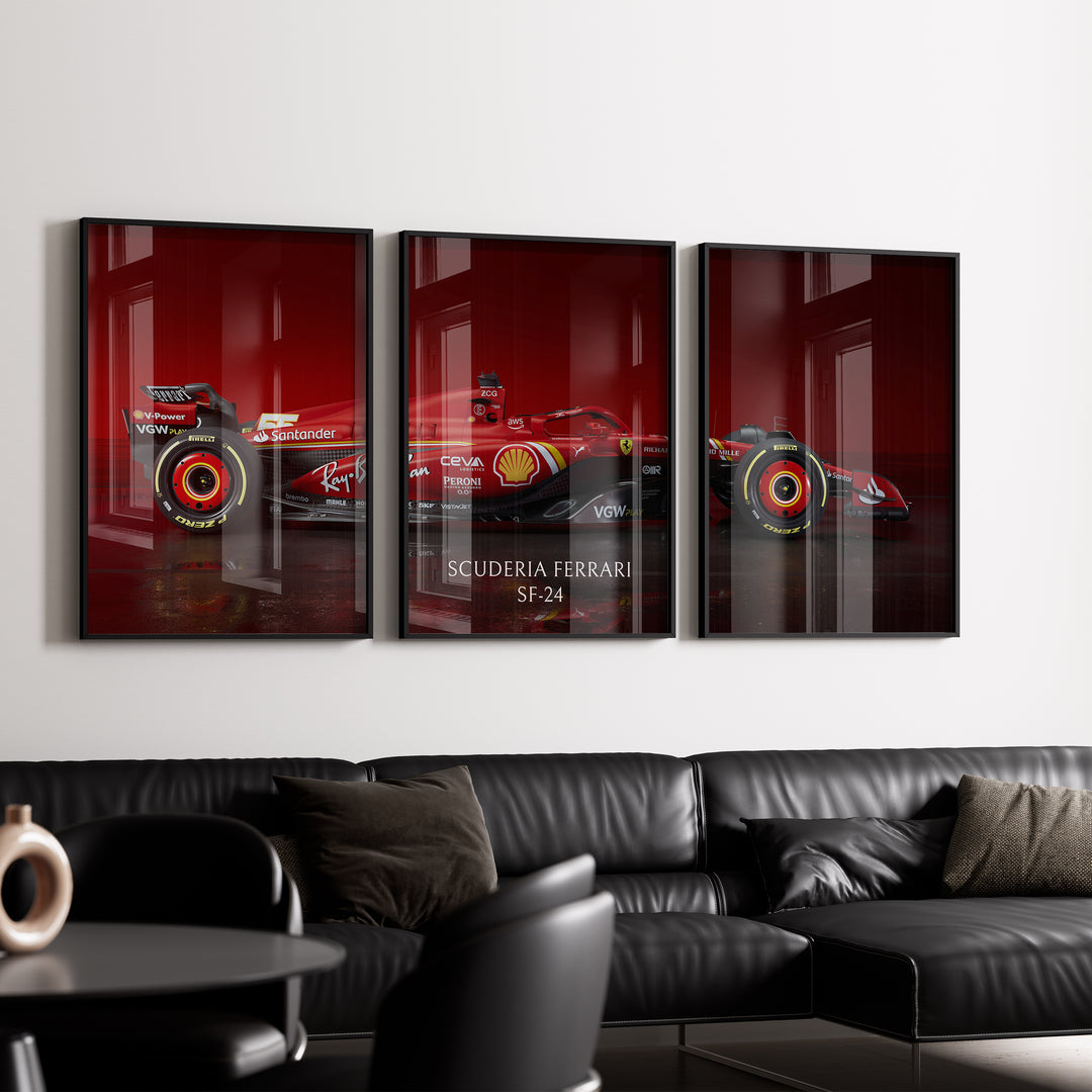 Triptych wall art plakat featuring the Scuderia Ferrari SF-24 Formula 1 car in a modern black-and-white living room with leather furniture.