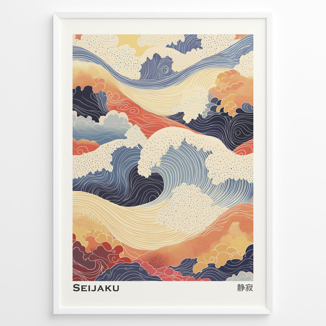 Japanske plakater | Abstract Japanese wave artwork in soft blues, oranges, and creams with flowing line patterns and cloud shapes, titled "Seijaku."
