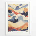 Load image into Gallery viewer, Japanske plakater | Abstract Japanese wave artwork in soft blues, oranges, and creams with flowing line patterns and cloud shapes, titled &quot;Seijaku.&quot;
