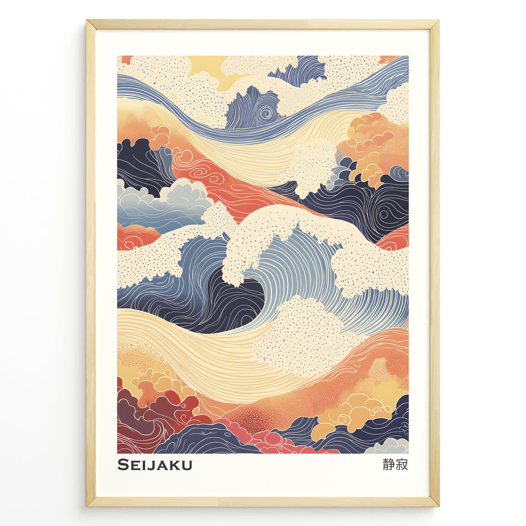Japanske plakater | Abstract Japanese wave artwork in soft blues, oranges, and creams with flowing line patterns and cloud shapes, titled "Seijaku."