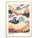 Load image into Gallery viewer, Japanske plakater | Abstract Japanese wave artwork in soft blues, oranges, and creams with flowing line patterns and cloud shapes, titled &quot;Seijaku.&quot;

