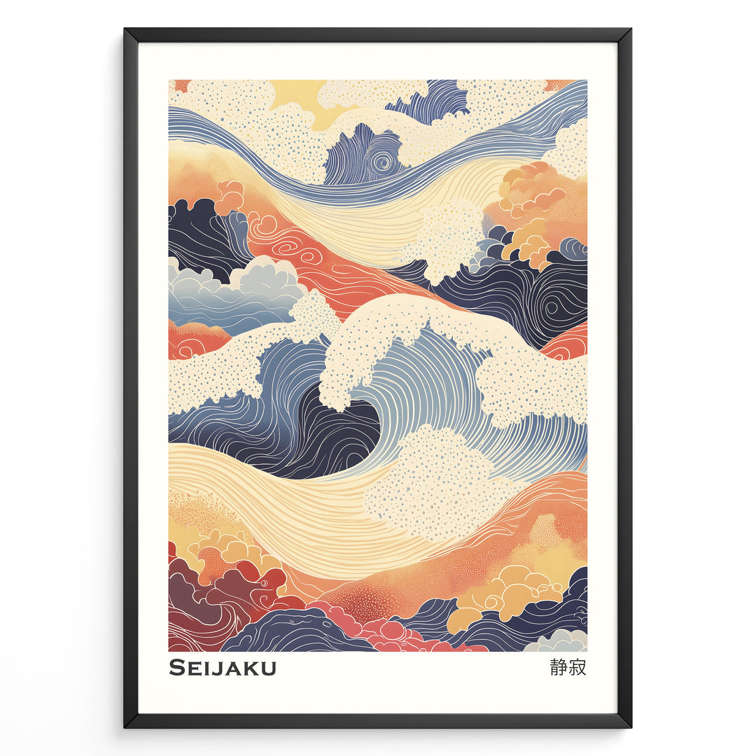 Japanske plakater | Abstract Japanese wave artwork in soft blues, oranges, and creams with flowing line patterns and cloud shapes, titled "Seijaku."