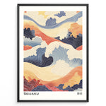 Load image into Gallery viewer, Japanske plakater | Abstract Japanese wave artwork in soft blues, oranges, and creams with flowing line patterns and cloud shapes, titled &quot;Seijaku.&quot;
