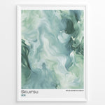 Load image into Gallery viewer, Japanske plakater | Abstract marble-style artwork in green and white tones with the word &quot;Seijitsu&quot; and Japanese characters representing sincerity.
