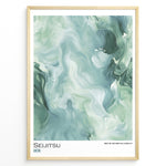 Load image into Gallery viewer, Japanske plakater | Abstract marble-style artwork in green and white tones with the word &quot;Seijitsu&quot; and Japanese characters representing sincerity.
