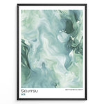 Load image into Gallery viewer, Japanske plakater | Abstract marble-style artwork in green and white tones with the word &quot;Seijitsu&quot; and Japanese characters representing sincerity.
