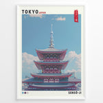 Load image into Gallery viewer, Japanske plakater | Illustration of Sensō-ji Temple’s red pagoda in Tokyo with a clear blue sky and Tokyo Skytree in the background, combining traditional architecture with a modern skyline.
