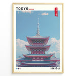 Load image into Gallery viewer, Japanske plakater | Illustration of Sensō-ji Temple’s red pagoda in Tokyo with a clear blue sky and Tokyo Skytree in the background, combining traditional architecture with a modern skyline.
