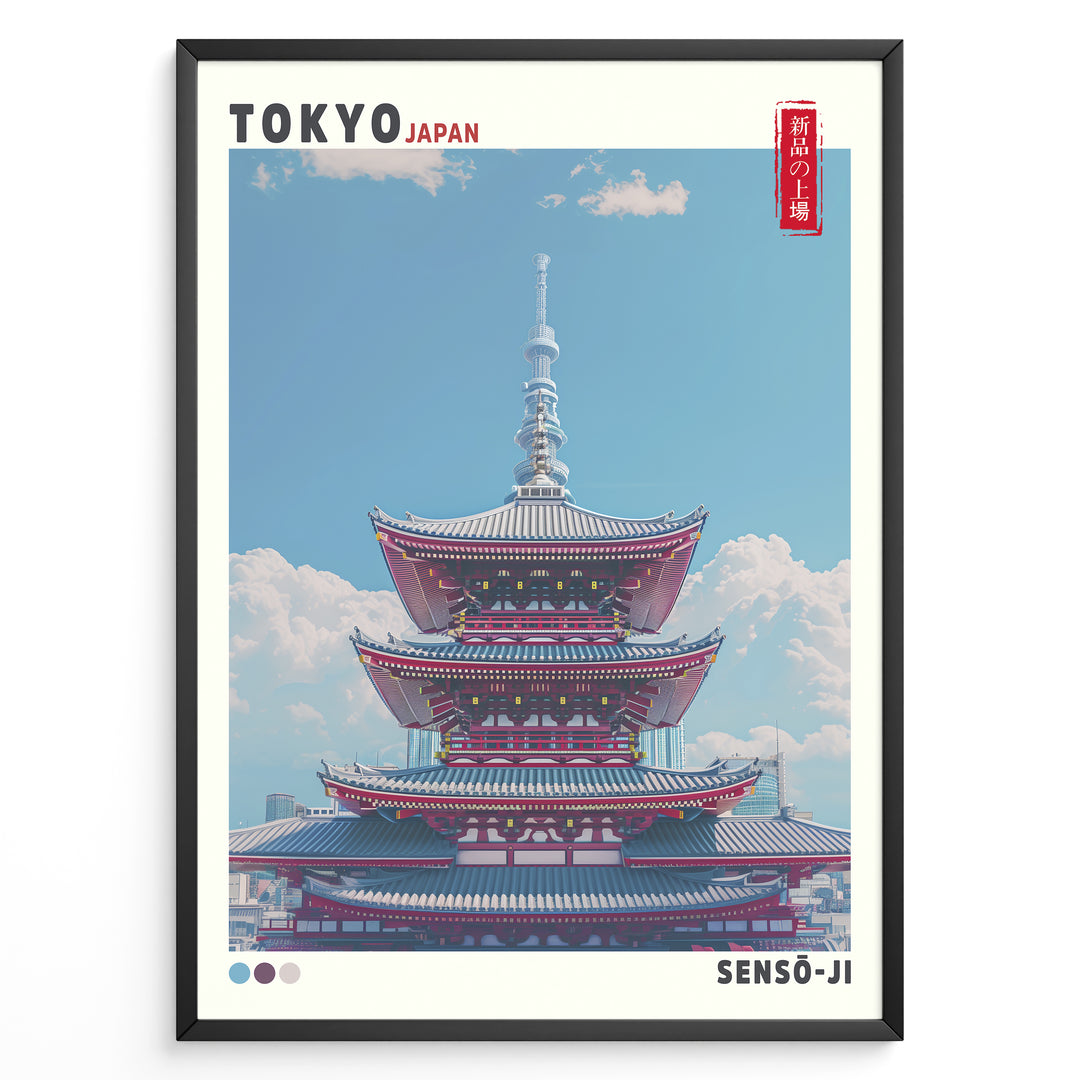 Japanske plakater | Illustration of Sensō-ji Temple’s red pagoda in Tokyo with a clear blue sky and Tokyo Skytree in the background, combining traditional architecture with a modern skyline.