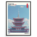 Load image into Gallery viewer, Japanske plakater | Illustration of Sensō-ji Temple’s red pagoda in Tokyo with a clear blue sky and Tokyo Skytree in the background, combining traditional architecture with a modern skyline.

