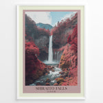 Load image into Gallery viewer, Japanske plakater | Scenic waterfall landscape featuring Shiraito Falls surrounded by red autumn foliage and mountains under a partly cloudy sky.
