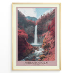 Load image into Gallery viewer, Japanske plakater | Scenic waterfall landscape featuring Shiraito Falls surrounded by red autumn foliage and mountains under a partly cloudy sky.
