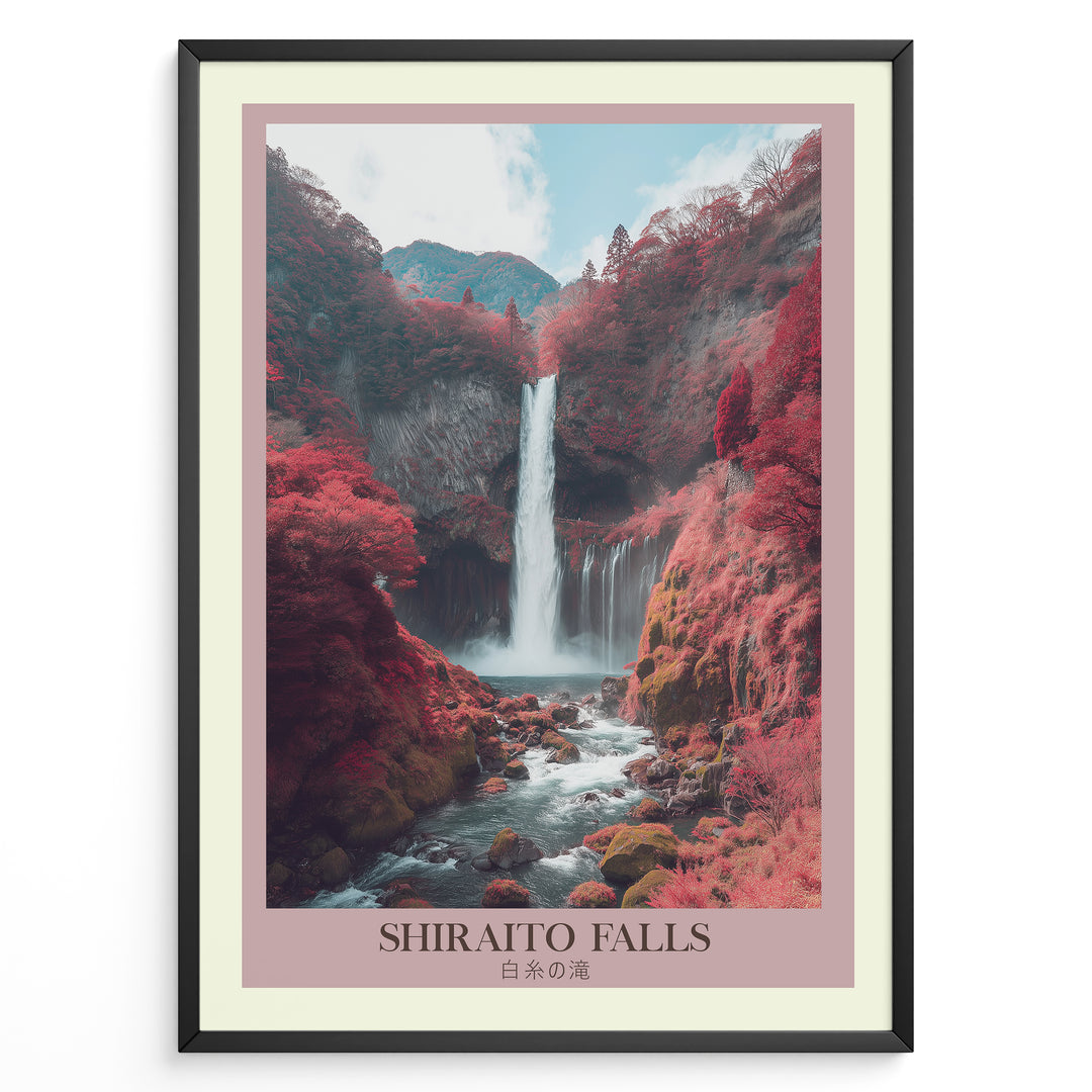 Japanske plakater | Scenic waterfall landscape featuring Shiraito Falls surrounded by red autumn foliage and mountains under a partly cloudy sky.