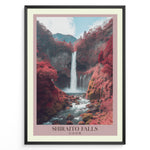 Load image into Gallery viewer, Japanske plakater | Scenic waterfall landscape featuring Shiraito Falls surrounded by red autumn foliage and mountains under a partly cloudy sky.
