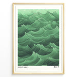 Load image into Gallery viewer, Japanske plakater | Framed art print of stylized green ocean waves titled &quot;Shizukesa,&quot; with Japanese kanji characters representing tranquility.
