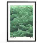 Load image into Gallery viewer, Japanske plakater | Framed art print of stylized green ocean waves titled &quot;Shizukesa,&quot; with Japanese kanji characters representing tranquility.
