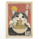 Load image into Gallery viewer, Japanske plakater | Vintage-style illustration of a tabby cat eating ramen noodles with chopsticks, set against a red background with a yellow sun and Japanese kanji.
